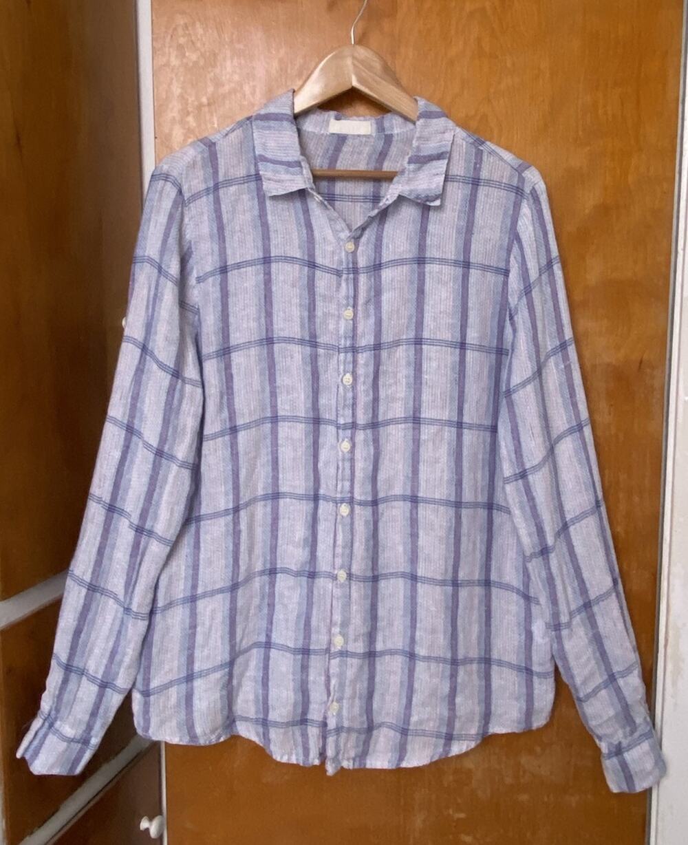 Cp Shades Linen Button Down White Blue Plaid Coastal Beach Tunic Sz L Boho